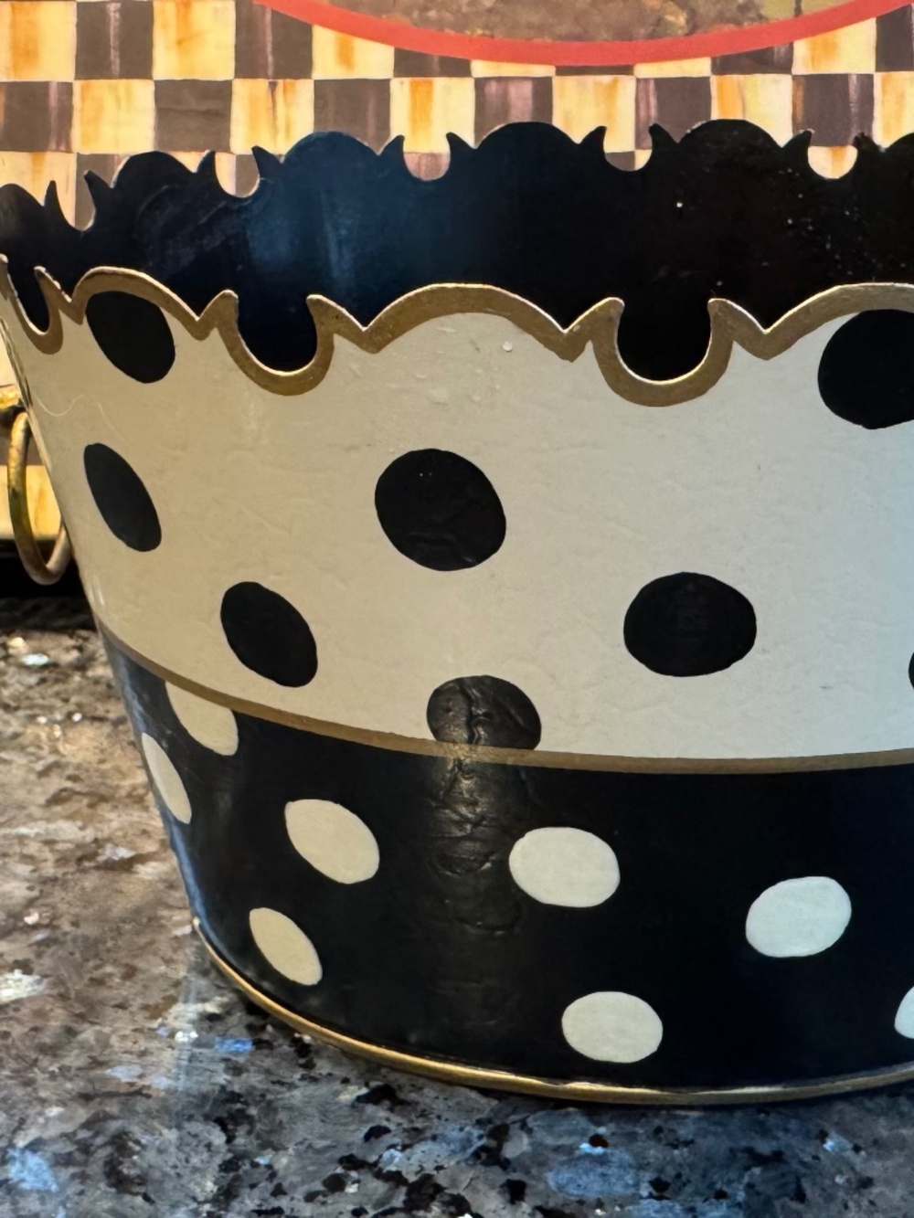Mackenzie Childs Dot Waste Bin With Scalloped Edge Gold- Retired & Hard To Find